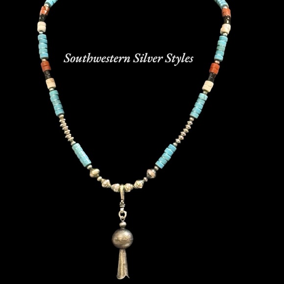 Southwestern Sterling Silver Navajo Pearls Turquoise Squash Blossom Necklace - Picture 1 of 8